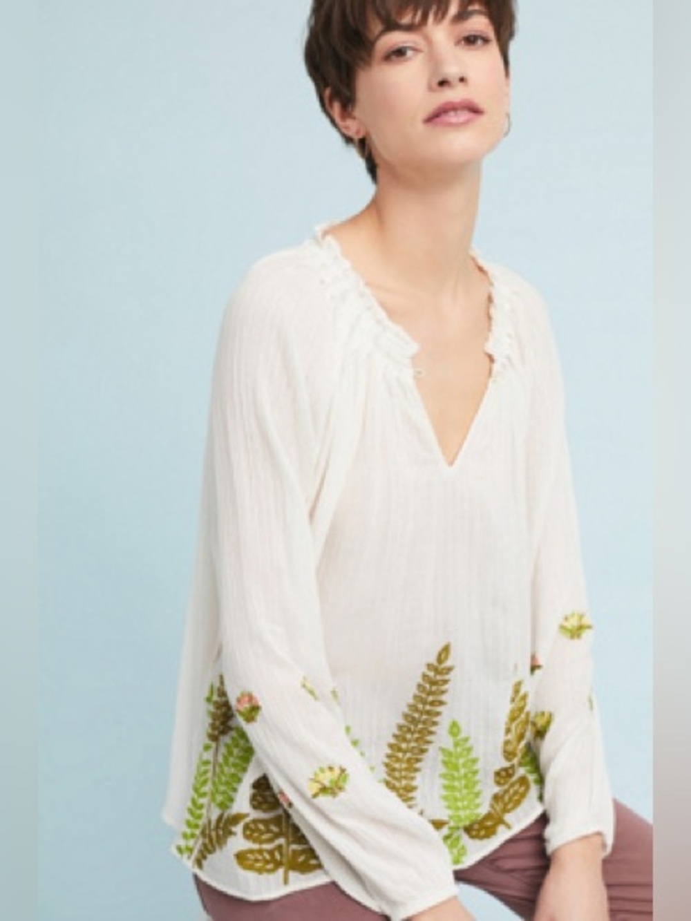 Medium Anthropologie ran a gill botanical peasant top embroidered fern white